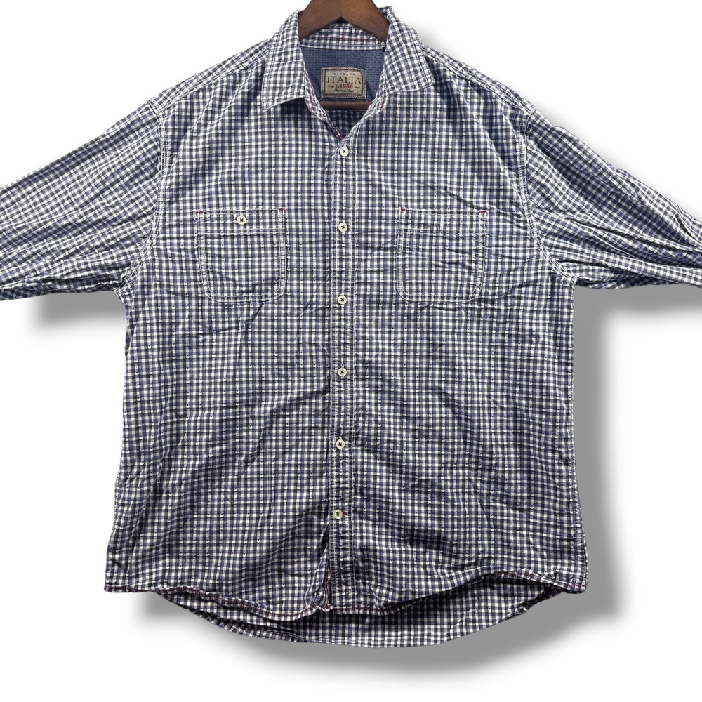 Vintage Italia c.1958 Mens XL Blue Gingham Dobby Star Button Down Shirt Long